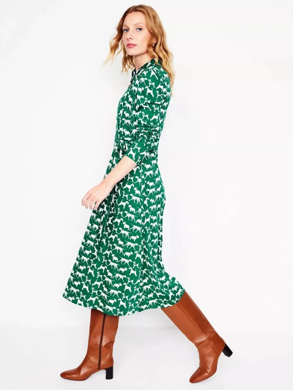 Boden Kelly Green Collared Imogen Dog Dress, Jersey Fabric, tie waist, midi - Picture 8 of 9
